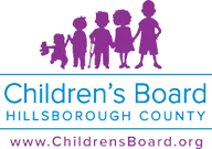 Logo for Children's Board Hillsborough County with purple children silhouettes and website www.ChildrensBoard.org