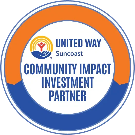 Circular badge with blue, orange, and white colors displaying the United Way Suncoast logo, and the text 'Community Impact Investment Partner'.