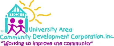 Logo of University Area Community Development Corporation, Inc. featuring two purple stick figures holding hands, a yellow sun, and a house outline, with text 'University Area Community Development Corporation, Inc.' and the slogan 'Working to improv