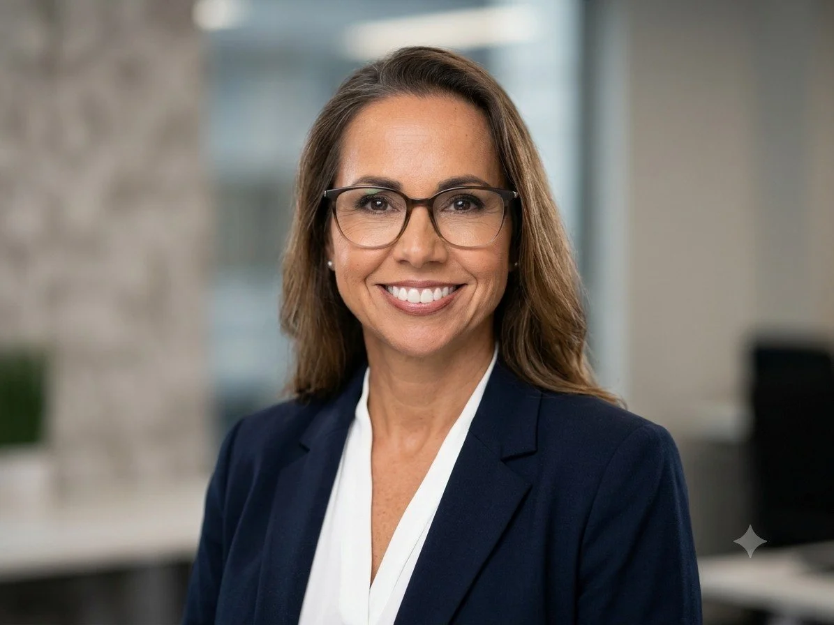 A woman with brown hair, glasses, and a bright smile, wearing a navy blazer and white shirt, in an office setting.
