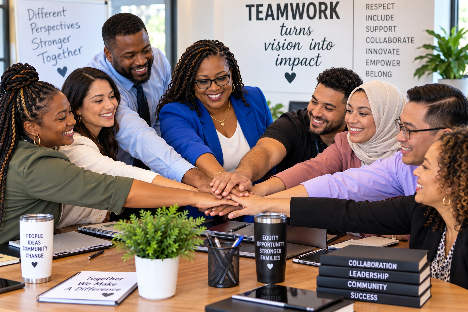 A diverse group of eight people in a meeting room, smiling and putting their hands together in the center of the table, symbolizing teamwork. The background features posters with words like 'TEAMWORK turns vision into impact' and 'Different Perspectives Stronger Together.' The table has notebooks, pens, and cups, with a potted plant and books titled 'Collaboration Leadership Community Success' visible.