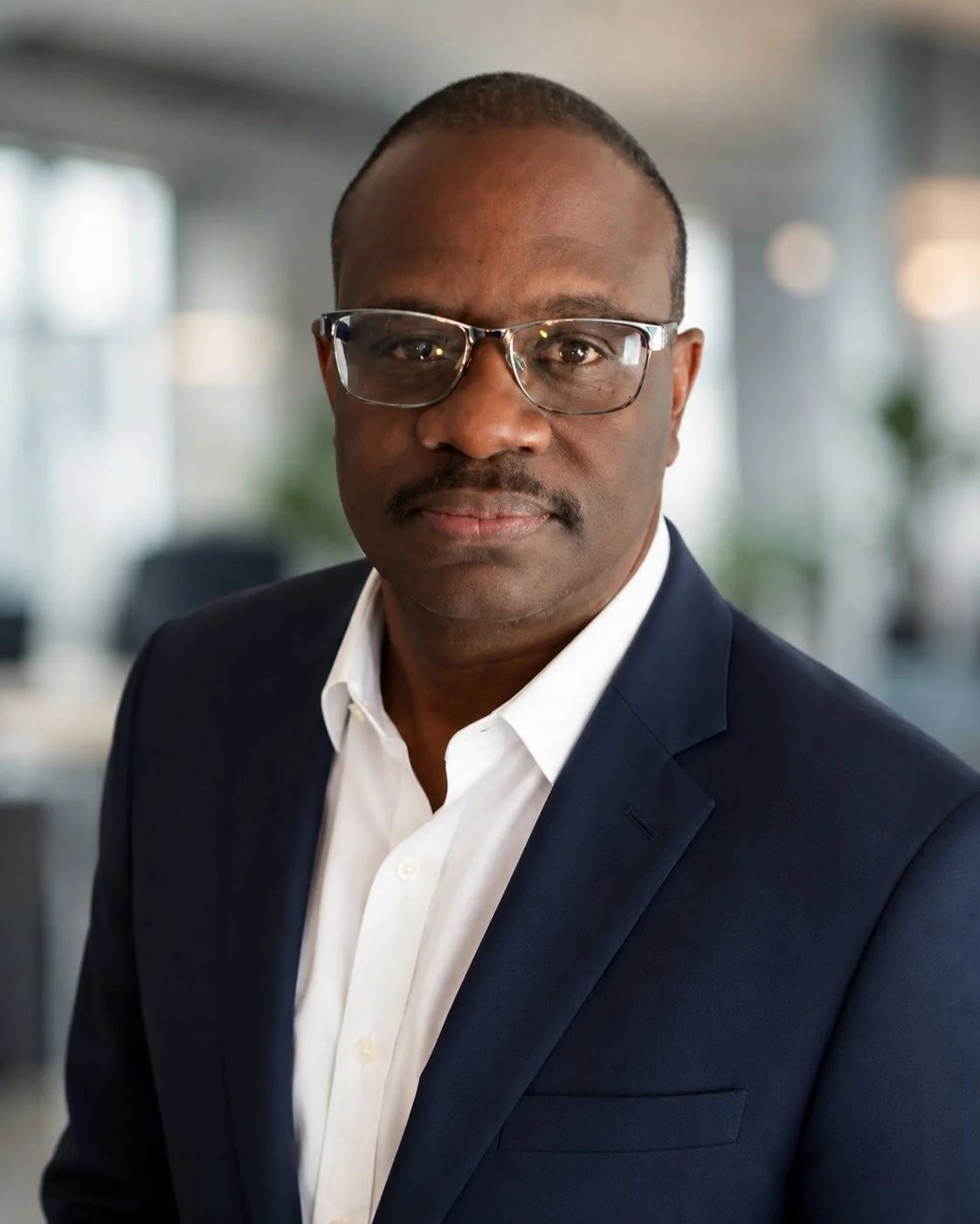 A confident African American man in a business suit, wearing glasses, in a modern office environment.