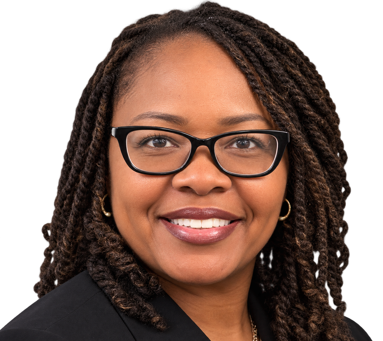 Close-up of an African American woman with glasses, curly hair, earrings, wearing a black blazer, smiling.
