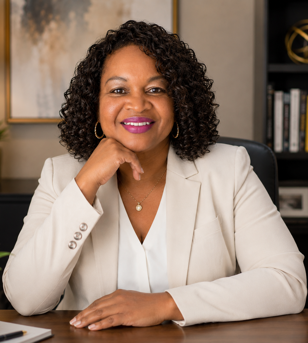A woman with curly hair wearing a cream blazer and white blouse, sitting at a desk with her hand resting on her chin, smiling at the camera in an office setting.