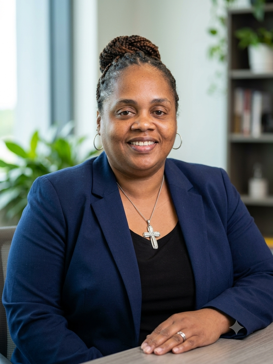 A woman with braided hair in an updo, wearing a navy blazer and black top, smiling at the camera, sitting at a desk in an office environment with plants and bookshelves in the background.