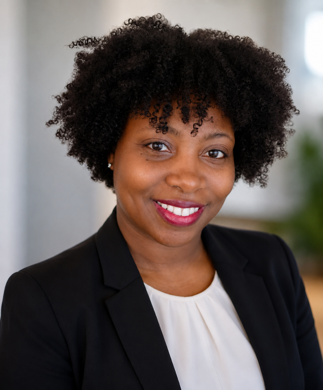 Close-up portrait of a smiling African American woman with natural curly hair, wearing a black blazer and white blouse in an indoor setting.