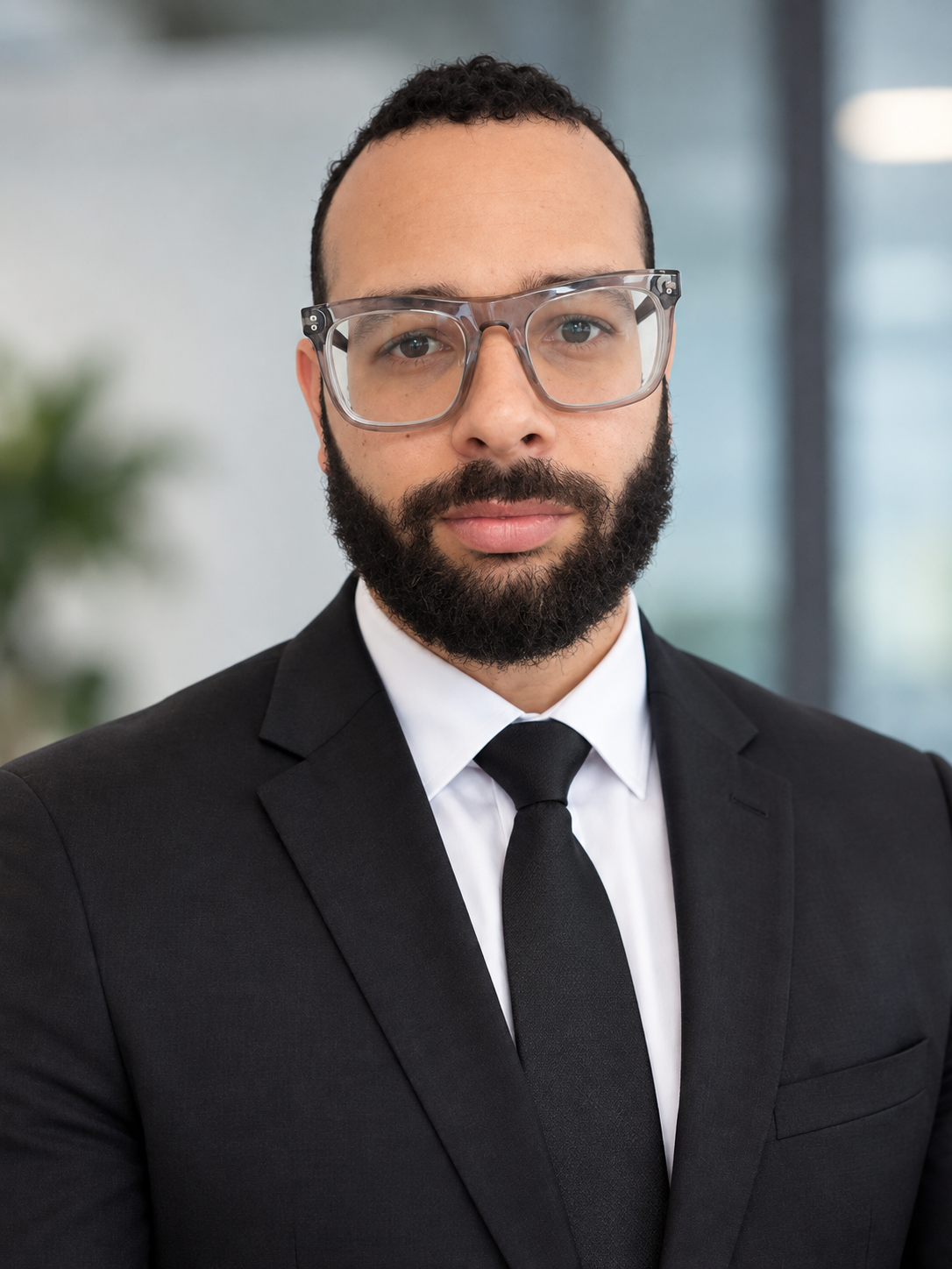 A man in a black suit, white shirt, and black tie wearing clear glasses, with a beard and short curly hair, standing indoors.