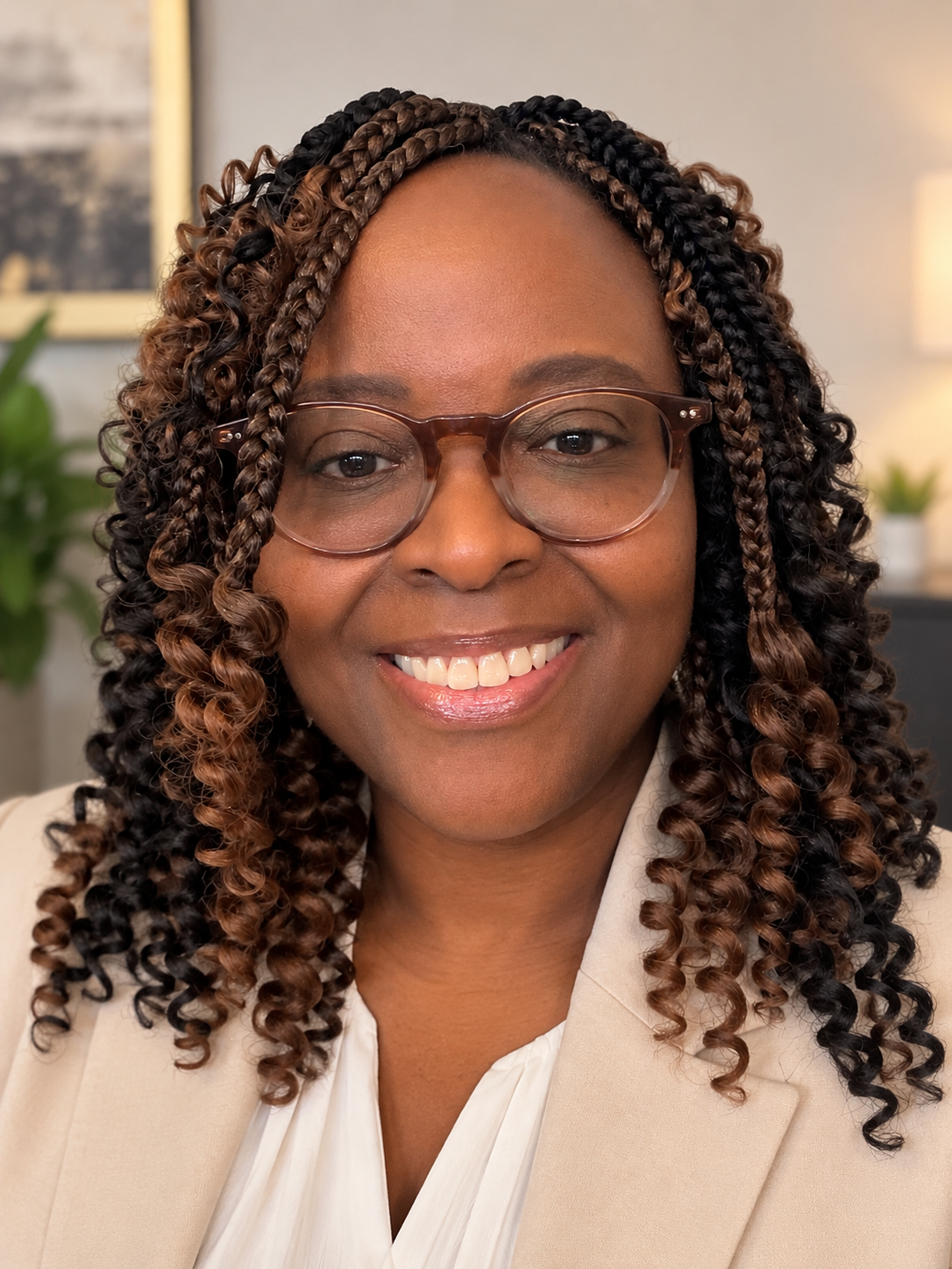 A woman with glasses and long, curly braided hair smiling in an office or home setting.