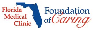 Logo of Florida Medical Clinic Foundation of Caring with a blue outline of Florida map and red and blue text