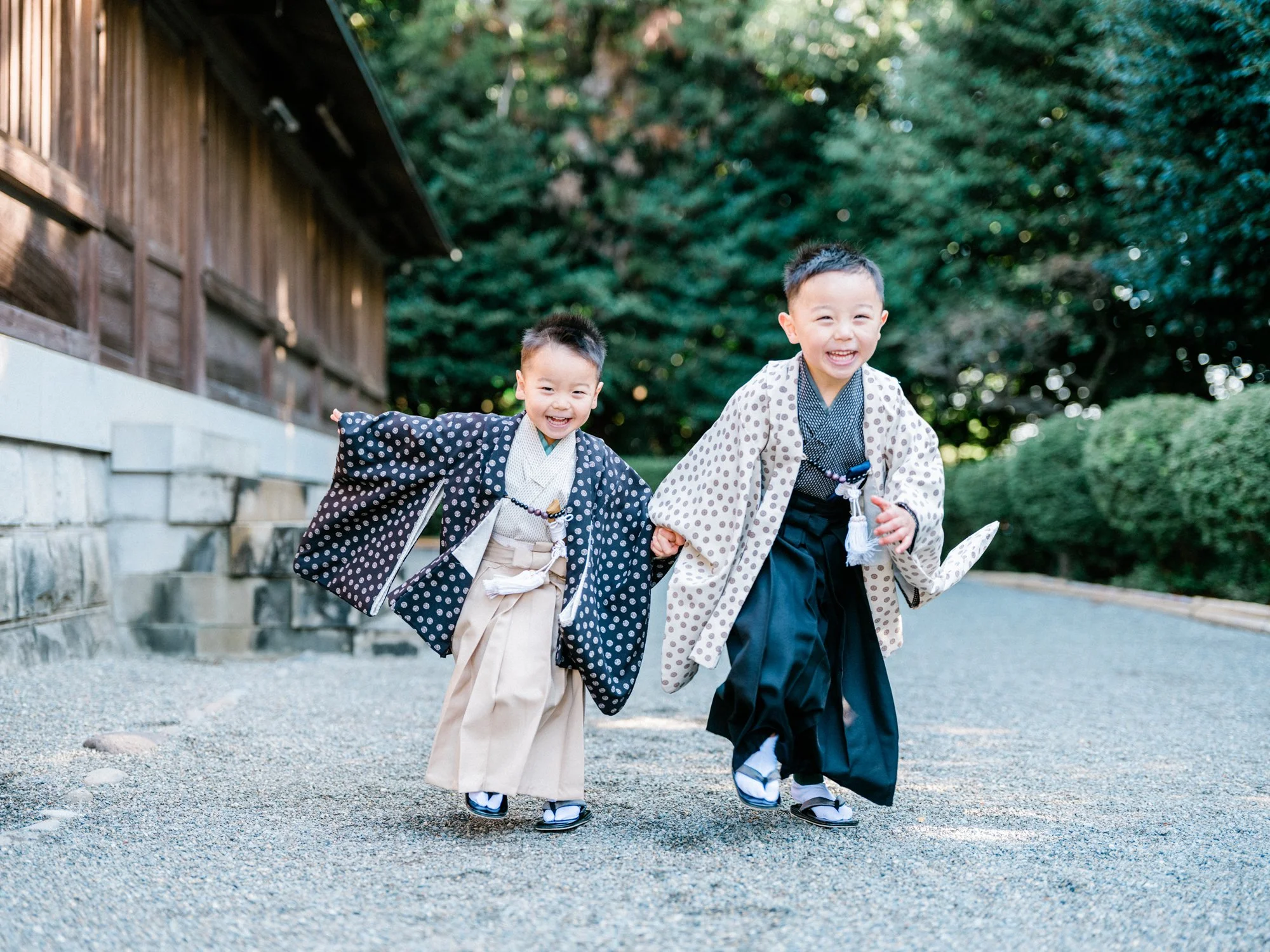 伝統的な着物を着た二人の子供の七五三。笑顔で走っている。背景には緑の木々と木造の神社がある。
