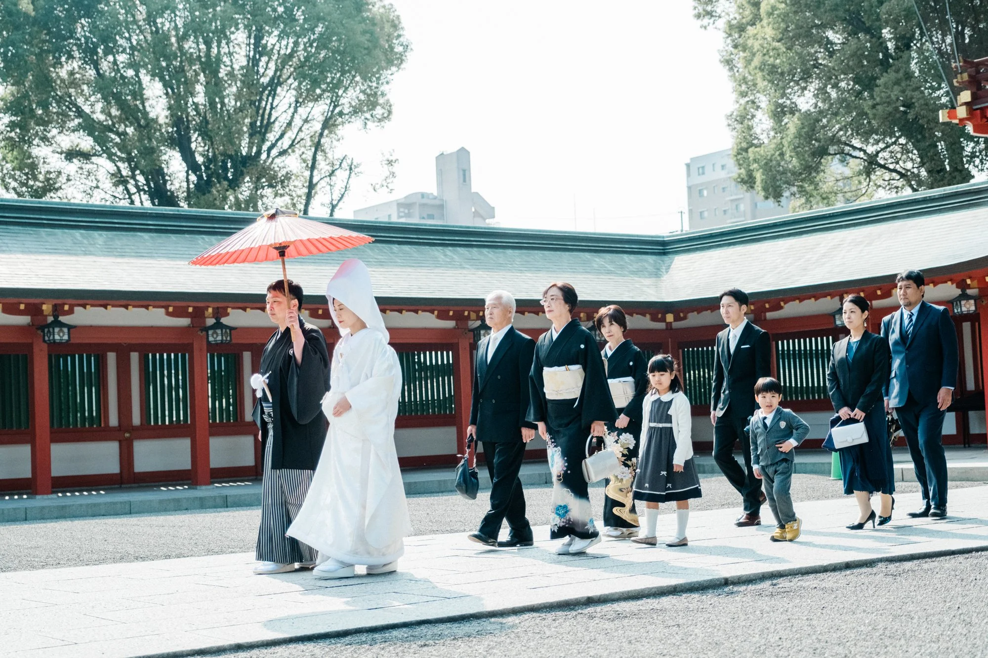 神社で結婚式を挙げている家族や親族のグループ。伝統的な着物と礼服を着て歩いている。晴れた日、木々の間から日光が差し込んでいる。