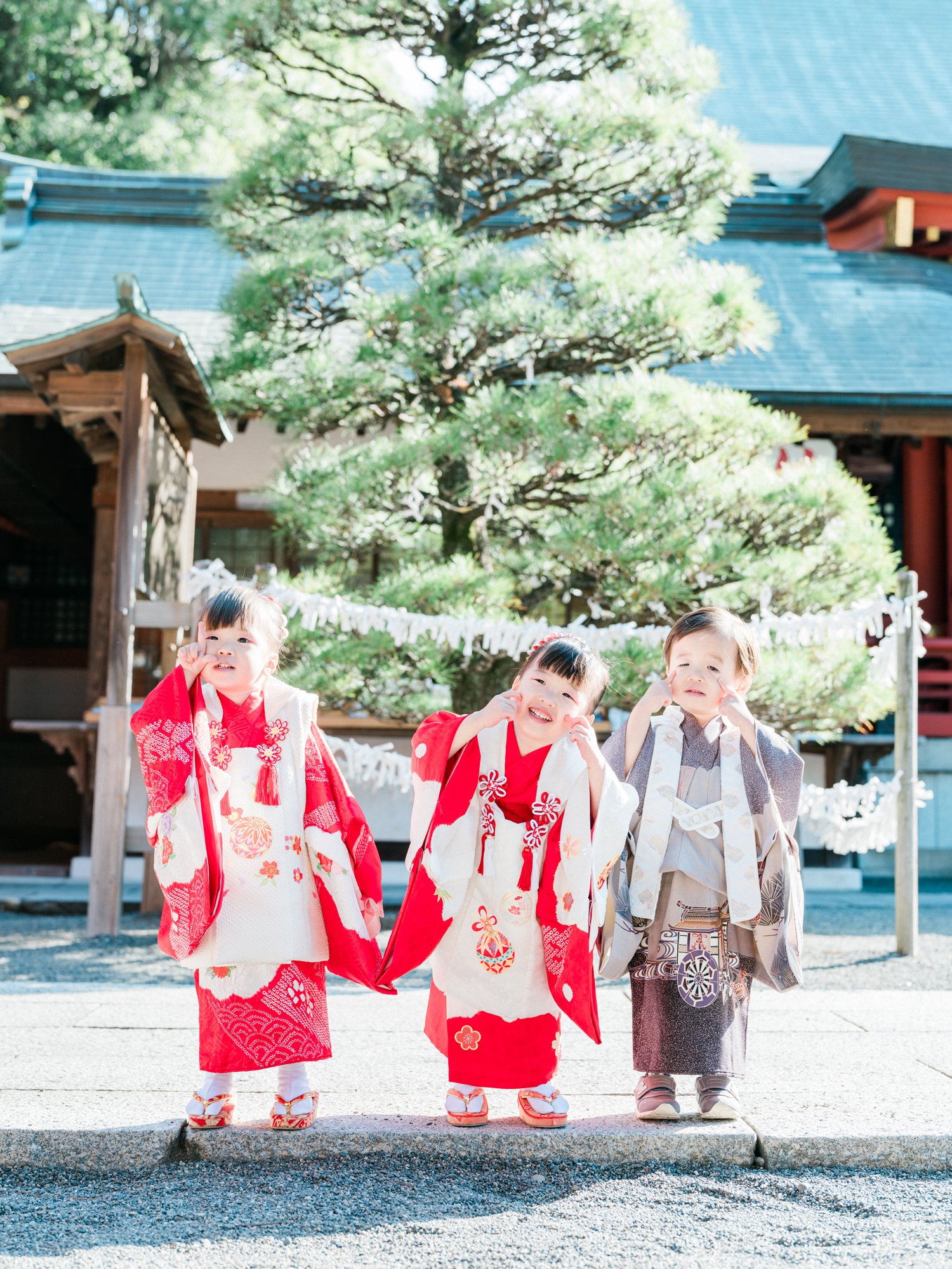 神社で七五三の衣装を着た子供たちが並んでいる写真。
