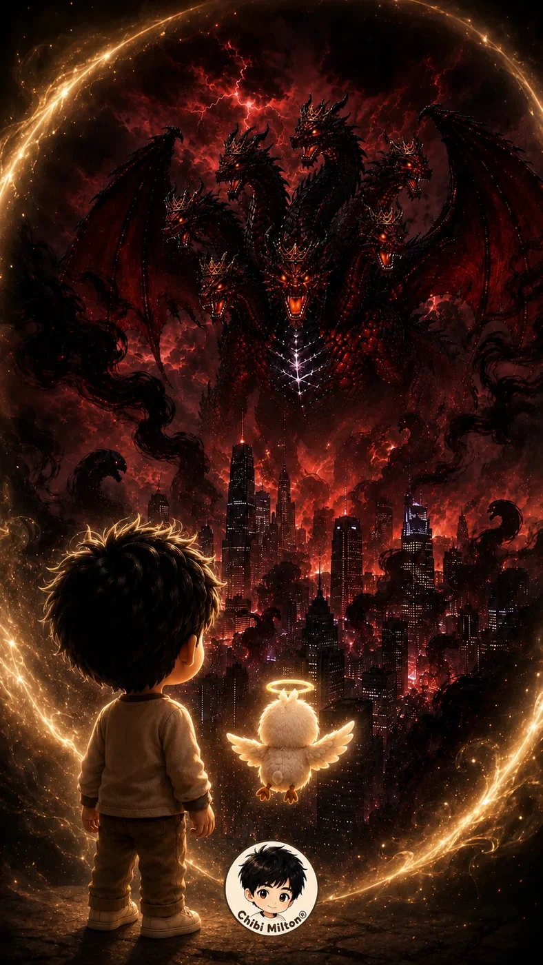 Holy Spirit Bird shows Chibi Milton a scene of the future destruction by Devil Dragon if believers stop praying
