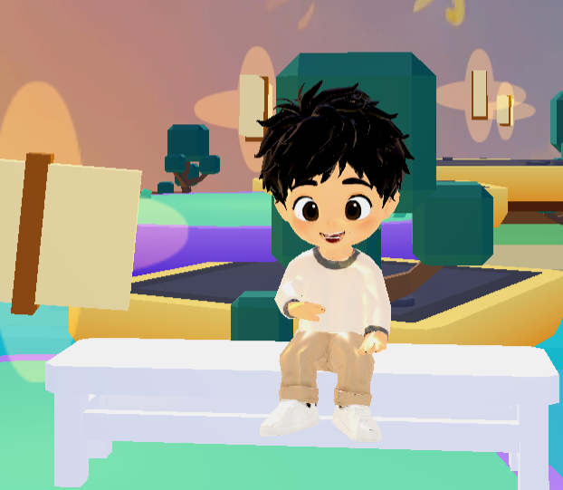 Chibi Milton resting on a white bench in the game.