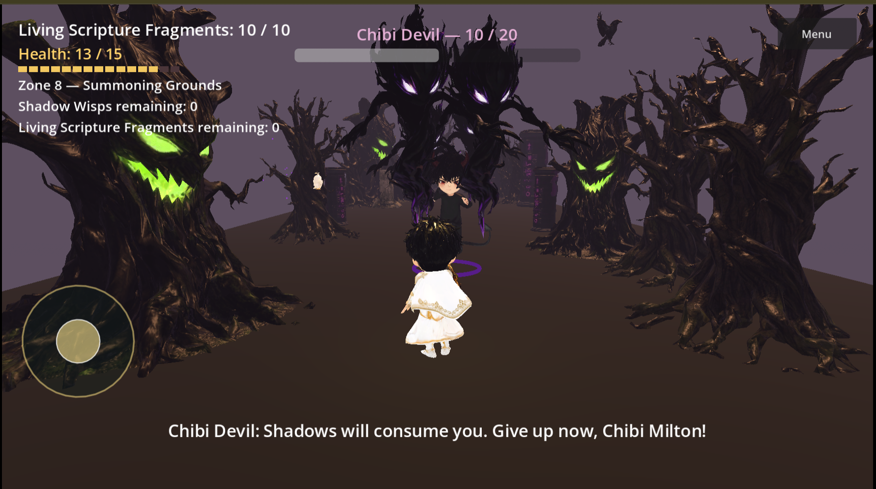Chibi Milton Dark Forest Boss Battle with Chibi Devil, Shadow Wisps, in Hard Mode