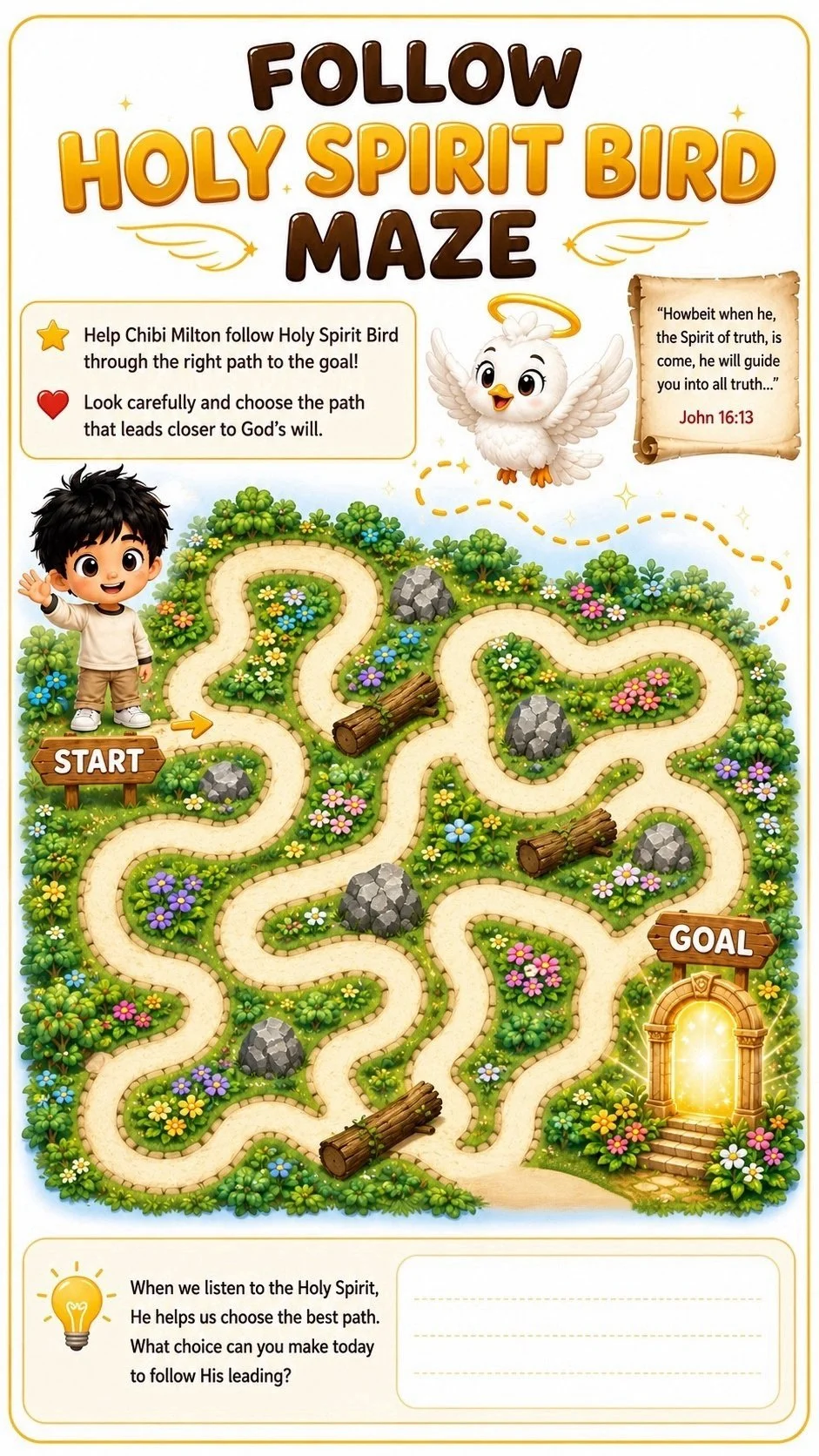 Follow the Holy Spirit Maze activity for kids featuring Chibi Milton and Holy Spirit Bird