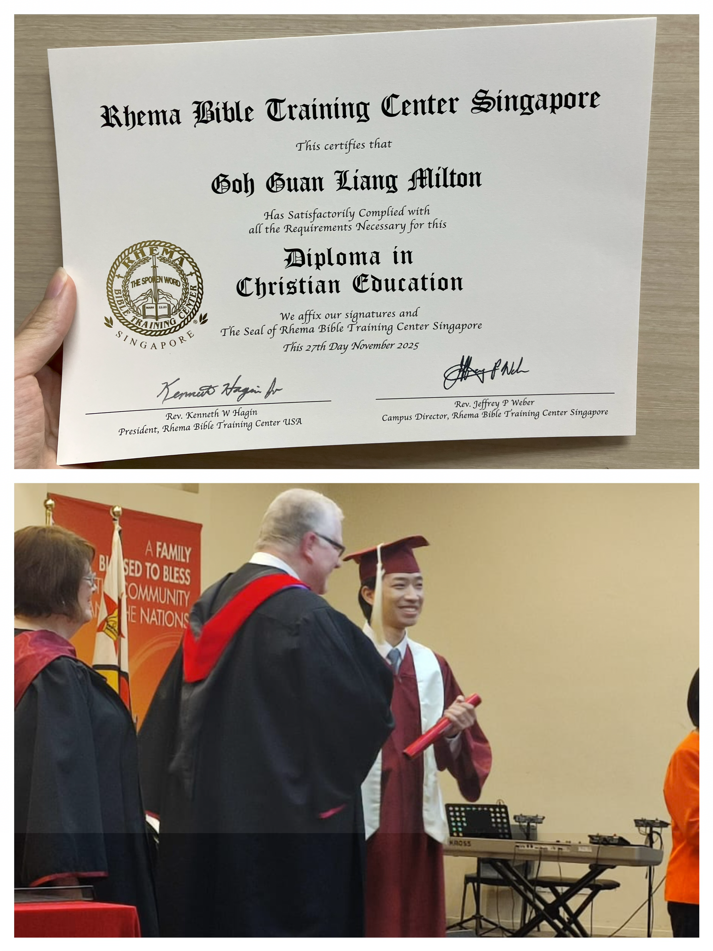 Milton Goh receiving his Diploma of Christian Education from RHEMA Bible Training Center Singapore (RBTCS)
