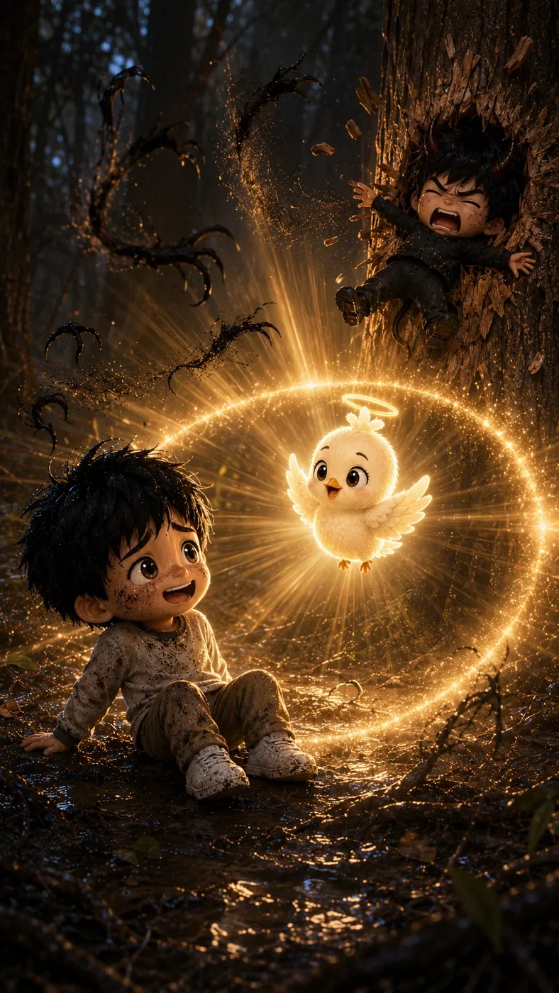 Holy Spirit Bird rescuing Chibi Milton from Chibi Devil