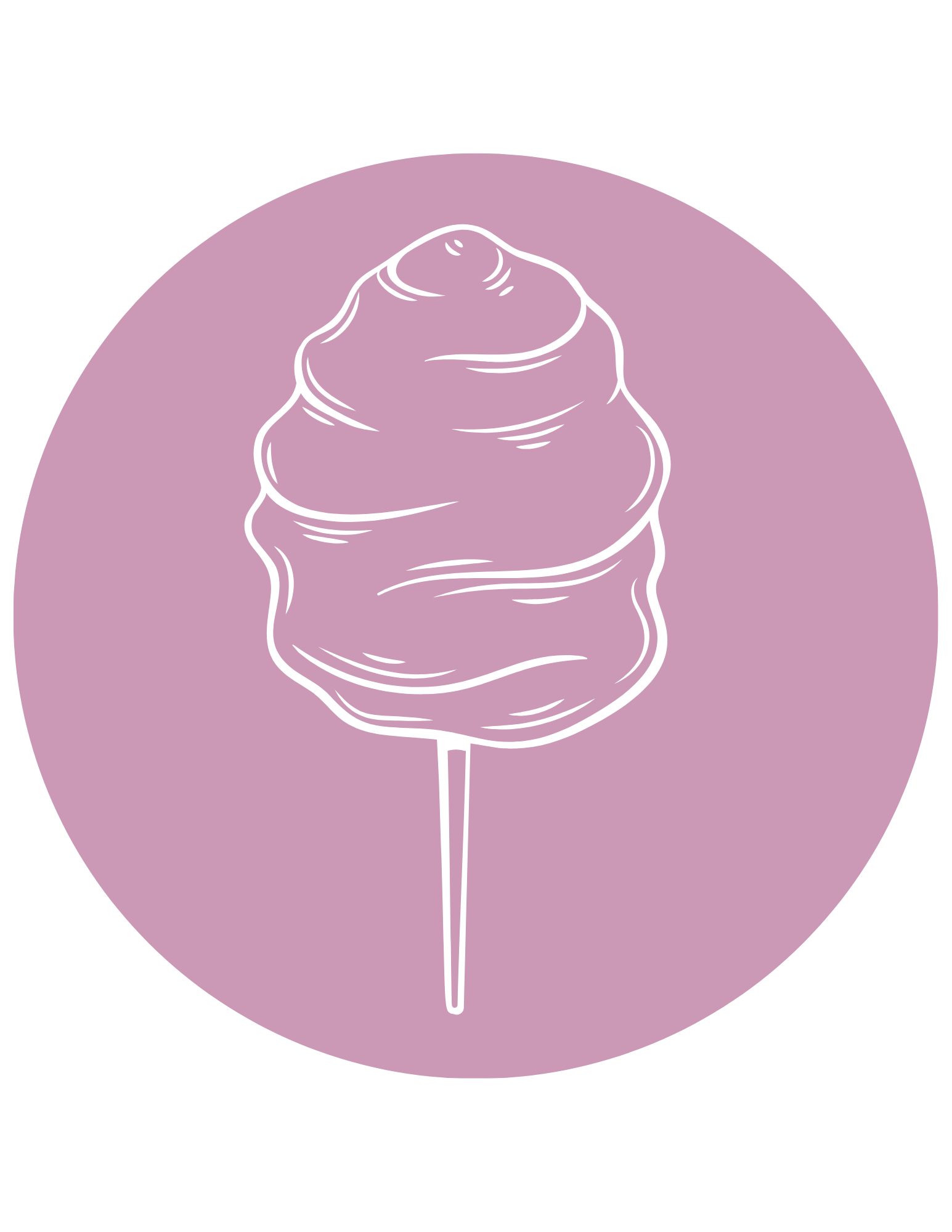 Line drawing of a cotton candy cone, placed on a lilac circular background.