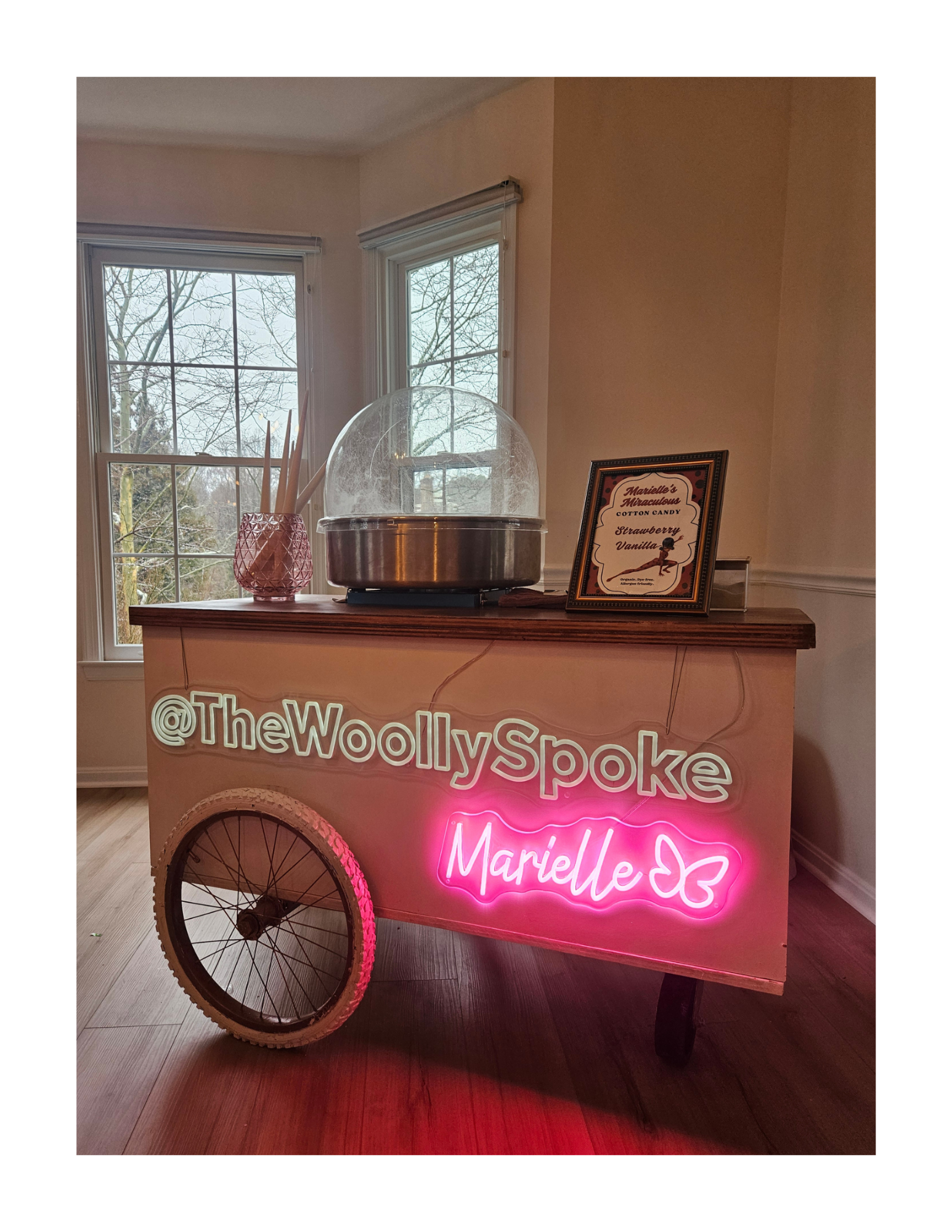 A rose gold and white cotton candy cart with neon signs in white and in pink, a vintage bicycle wheel attached at the front, a framed sign with candy flavors, a pink vase with white cones, and two large windows showing tree branches outside.