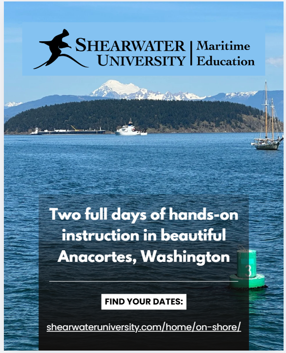 A promotional flyer for Shearwater University Maritime Education featuring a scenic water view with boats, mountains, and a green buoy, advertising two days of hands-on maritime instruction in Anacortes, Washington.