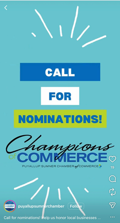 Call for nominations poster with a turquoise background, bold white and yellow text, and logo of the Puyallup Sumner Chamber of Commerce.