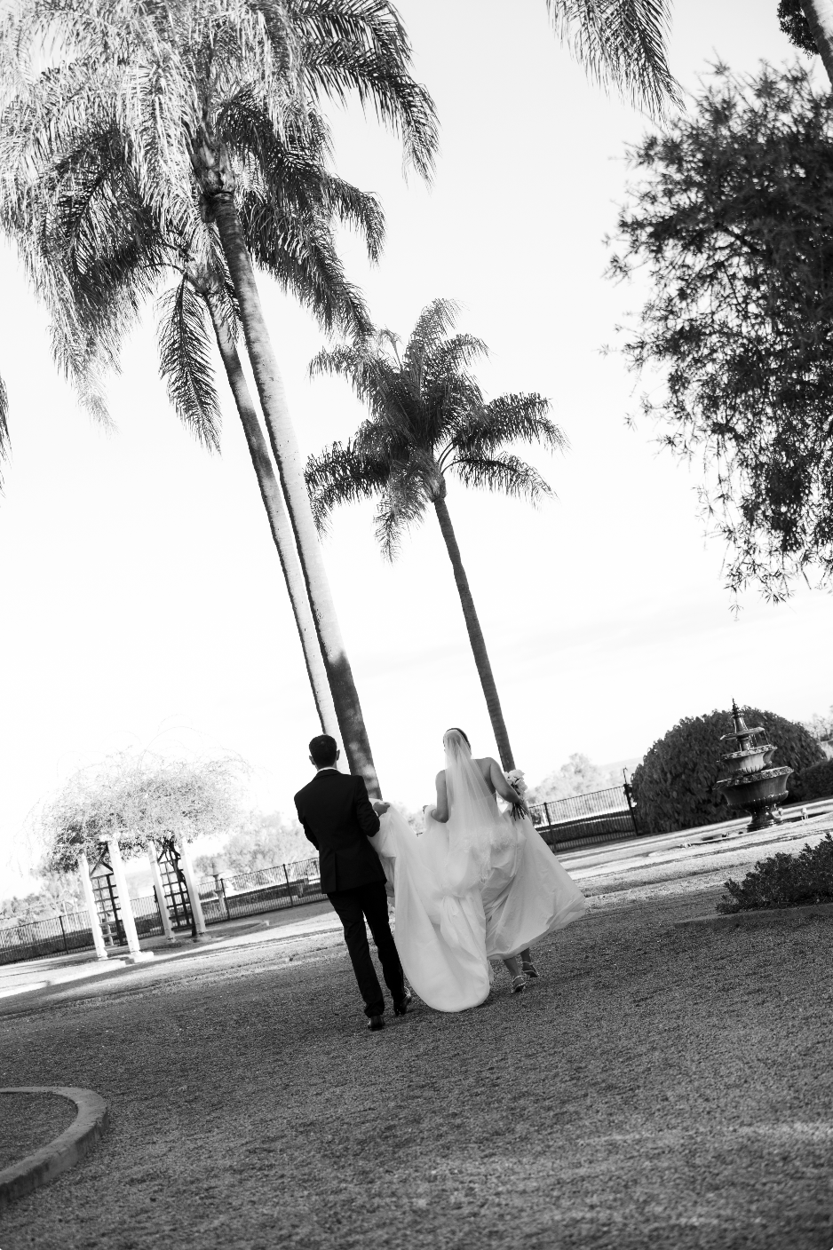 A bride and groom walking outdoors near tall palm trees, with the bride holding up her wedding dress.