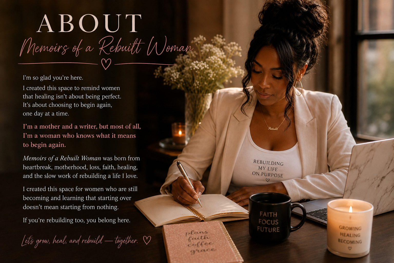 A woman sitting at a table with a laptop, open notebook, coffee mug with words 'Faith Focus Future,' and a candle with words 'Growing Healing Becoming,' writing in her notebook. She wears a white t-shirt with 'Rebuilding My Life On Purpose' and a light blazer. Behind her, flowers and a lit candle are on a table near a window.