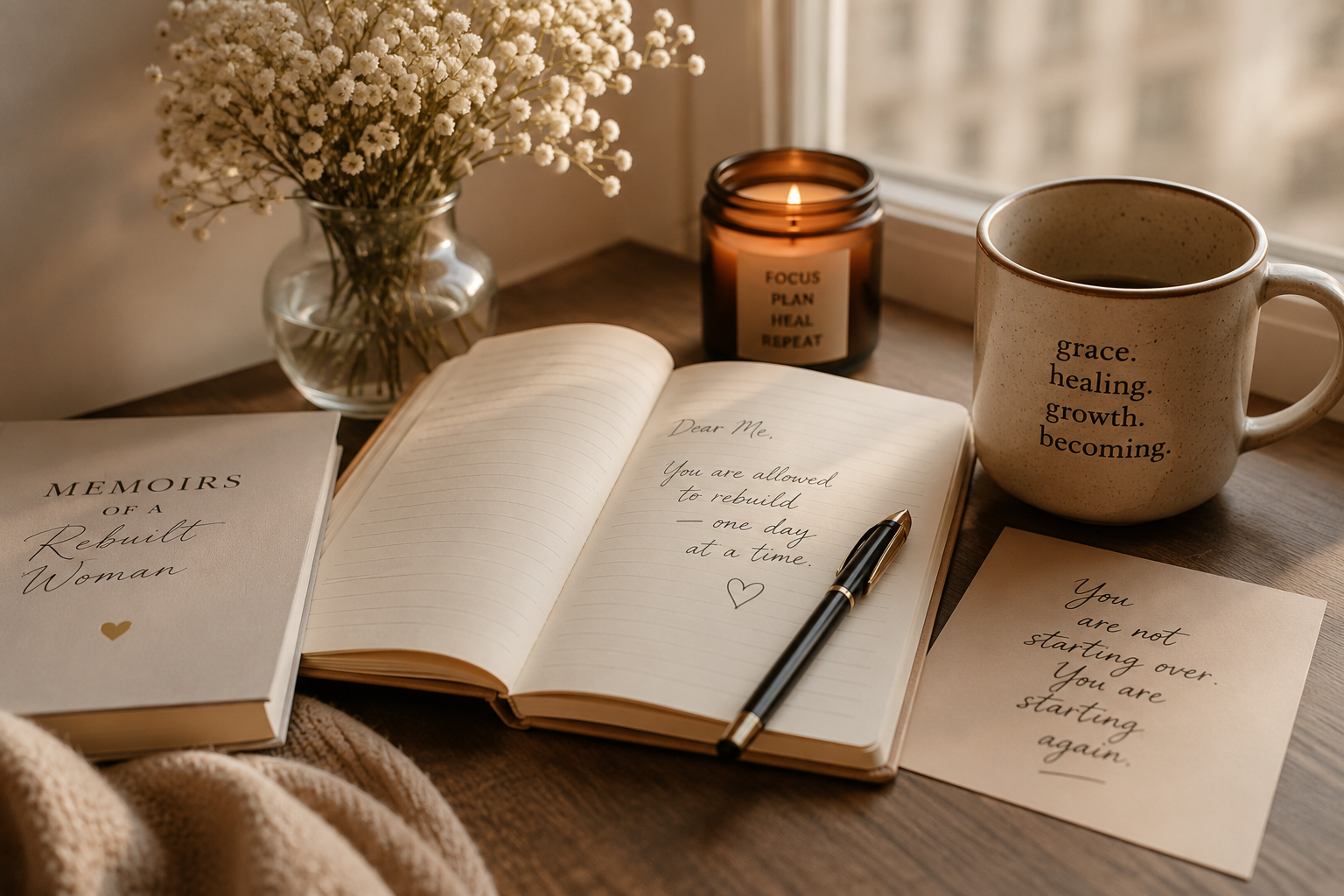 A cozy desk setup with a vase of white flowers, an open journal with handwritten notes, a pen, a candle labeled with motivational words, a white mug with inspirational words, a book titled 'Memoirs of a Rebuilt Woman,' and a handwritten note with an encouraging message.