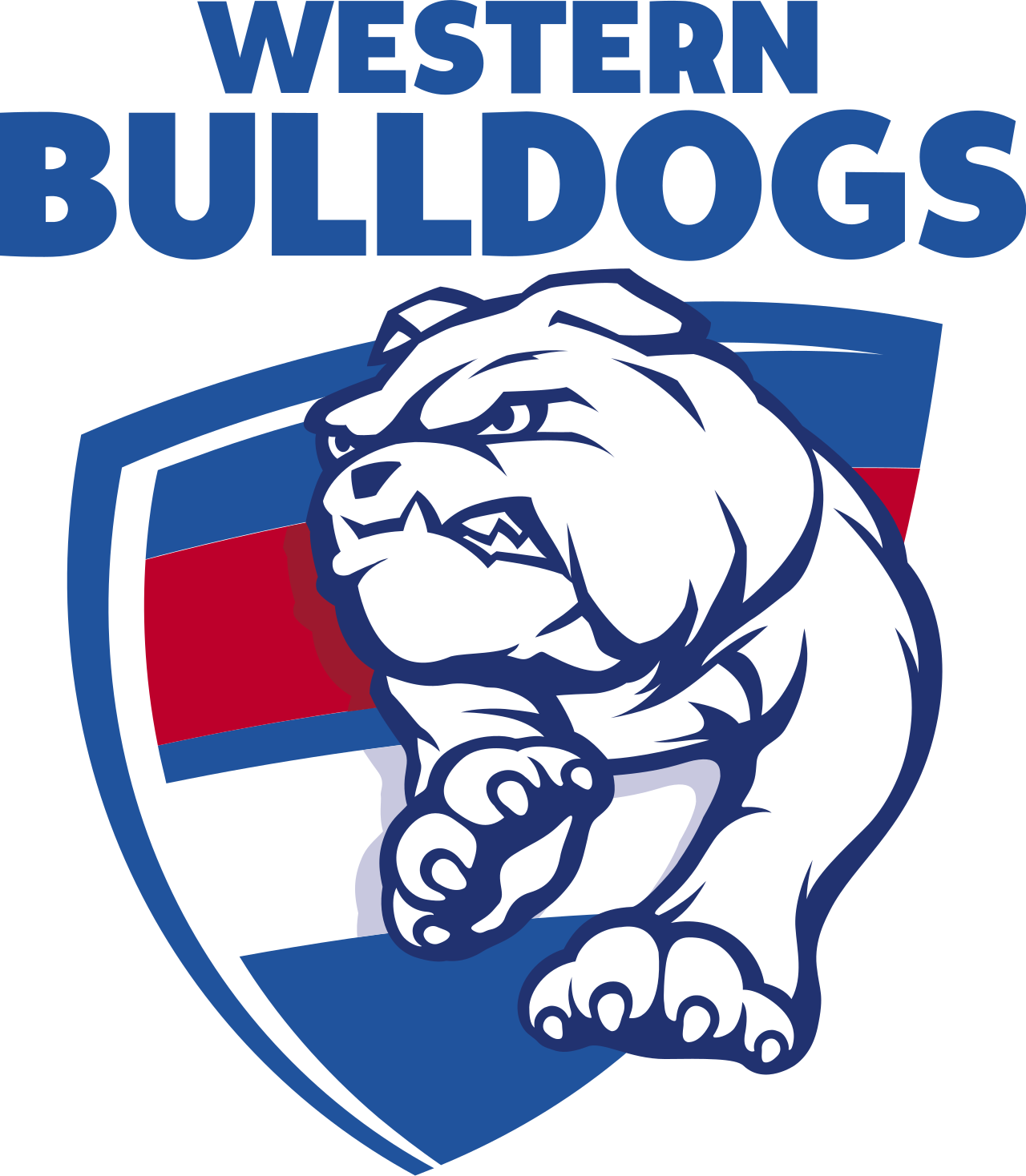 Logo of Western Bulldogs featuring a fierce bulldog with a red, white, and blue shield background.