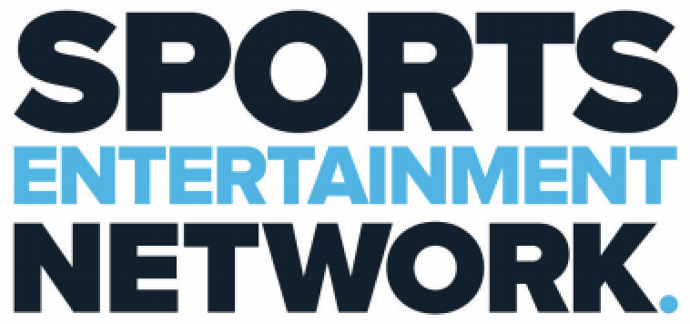 Logo of Sports Entertainment and Network with large black and blue text.