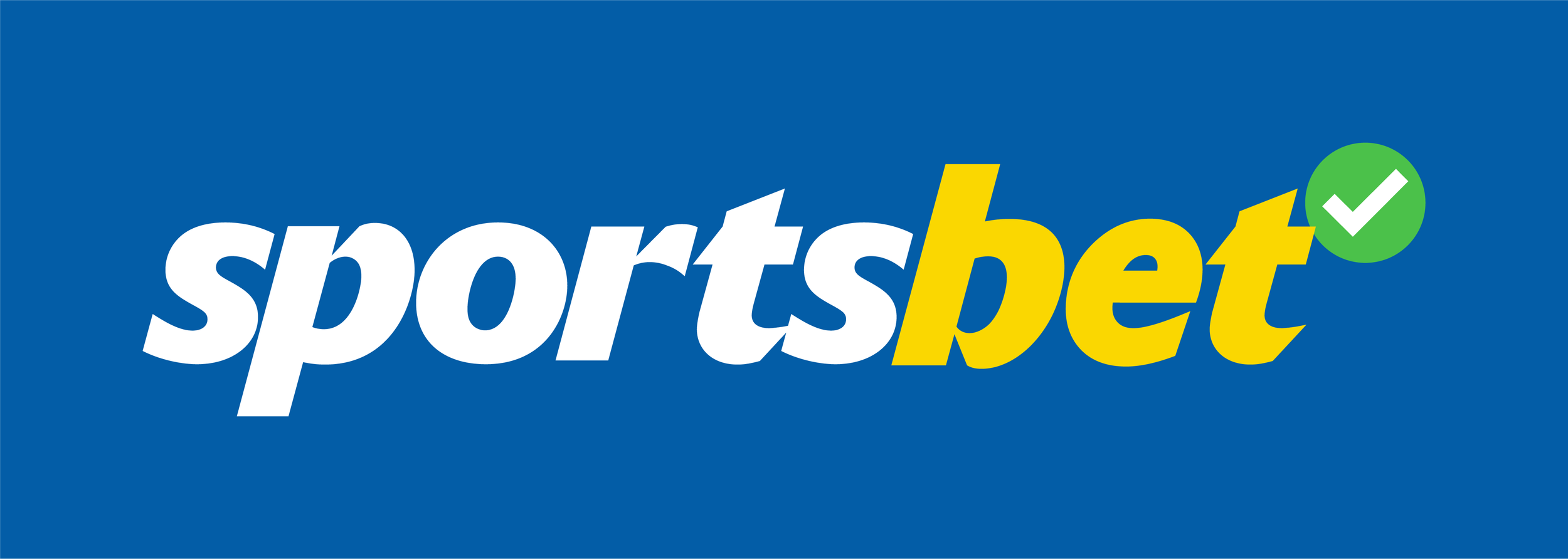 Sportsbet logo with white and yellow text on a blue background, featuring a green circle with a white checkmark