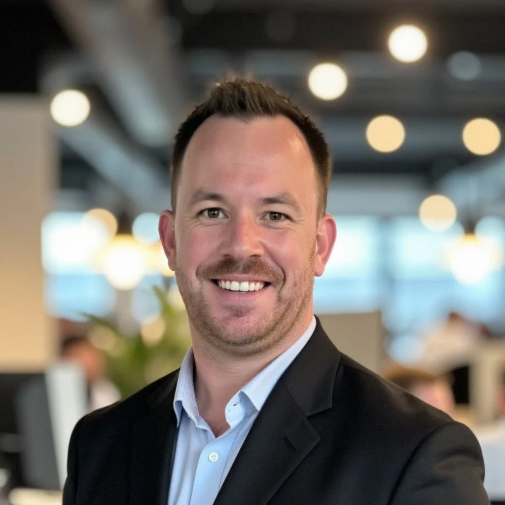 A smiling man with short brown hair and a beard, wearing a black blazer and white shirt, standing in a modern office or coworking space.