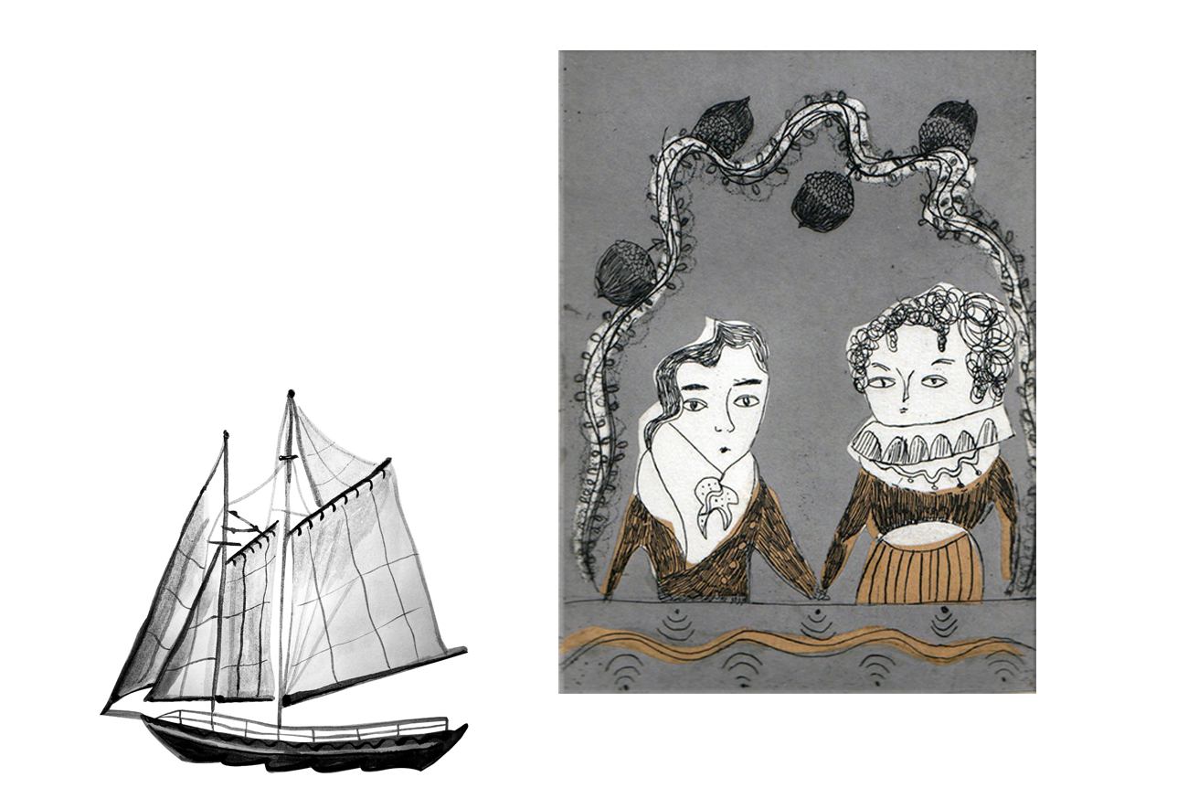 A drawing of a sailboat with multiple masts and sails on the left side, and a separate illustration of two characters with elaborate clothing and curly hair under a decorative arch on the right side.