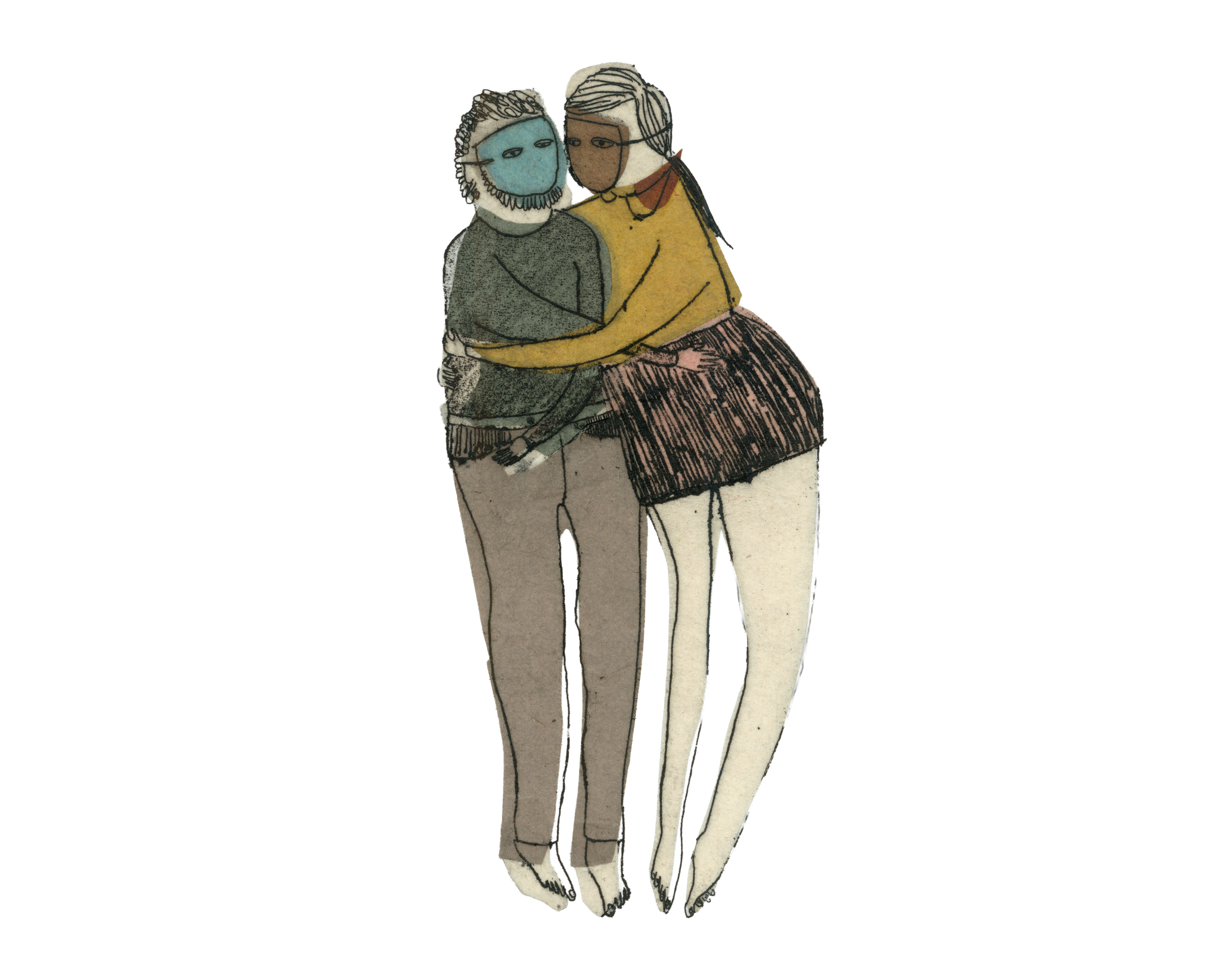 A drawing of two women with different skin tones holding each other closely. One has a darker skin tone and gray hair, the other has a lighter skin tone and white hair. They are wearing casual clothing and are standing close together, touching foreheads.
