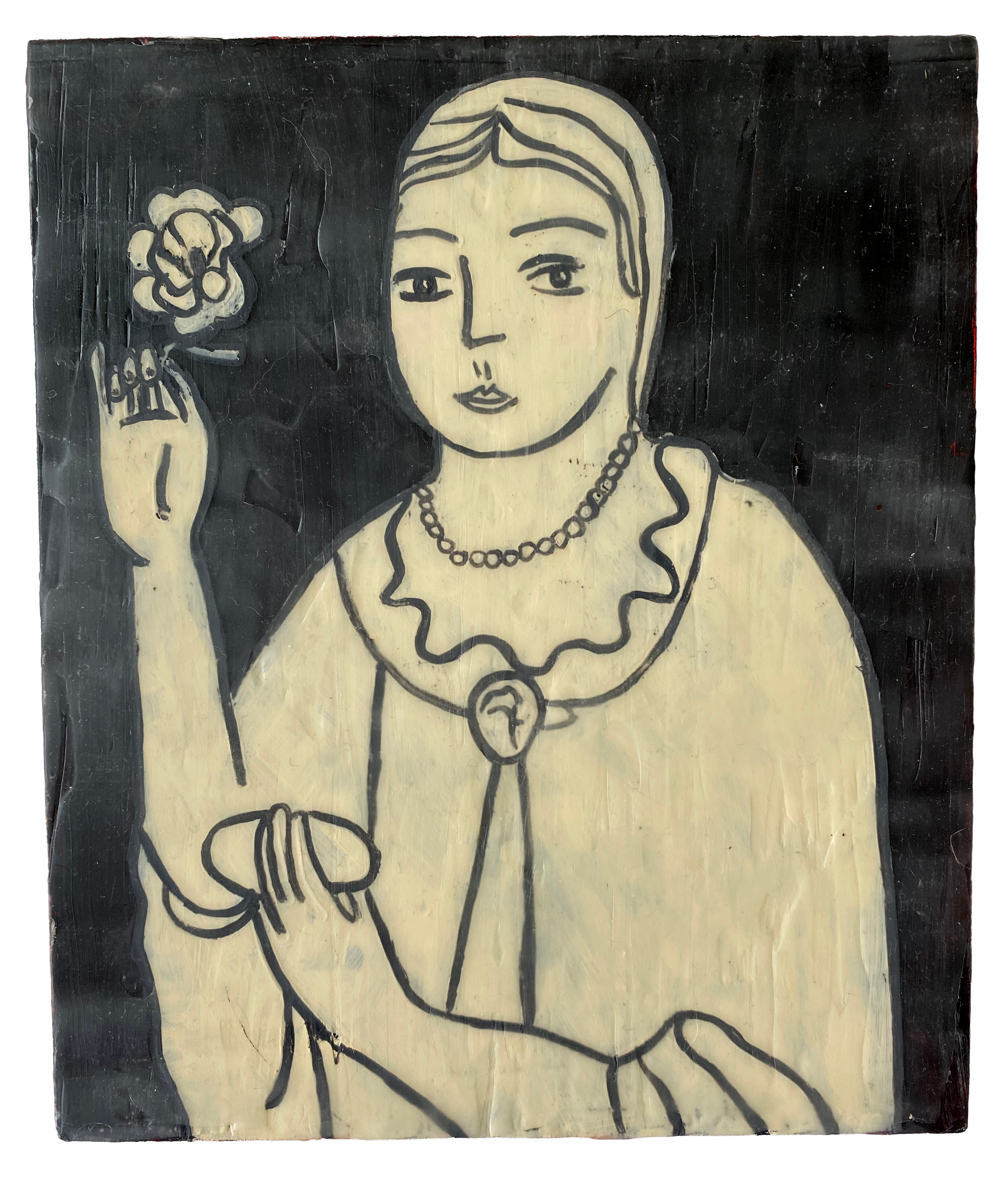 A simple black and white line drawing of a woman holding a flower, wearing a pearl necklace and a dress, with short hair and a calm expression.