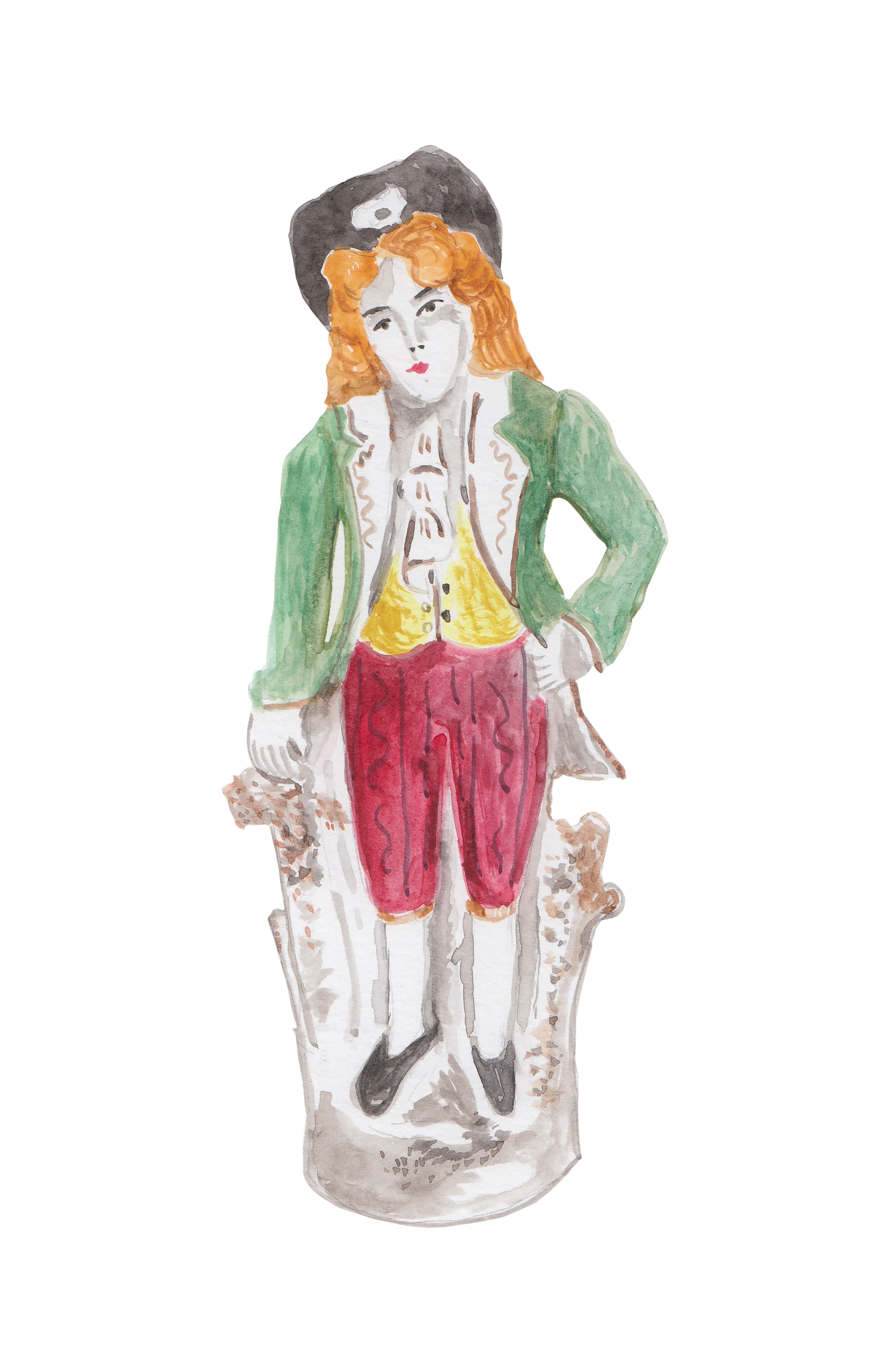 Watercolor illustration of a person standing inside a horse costume with a leopard print. The person has orange curly hair, wears a green jacket, a yellow shirt, red striped pants, and black shoes, with one hand on their hip.