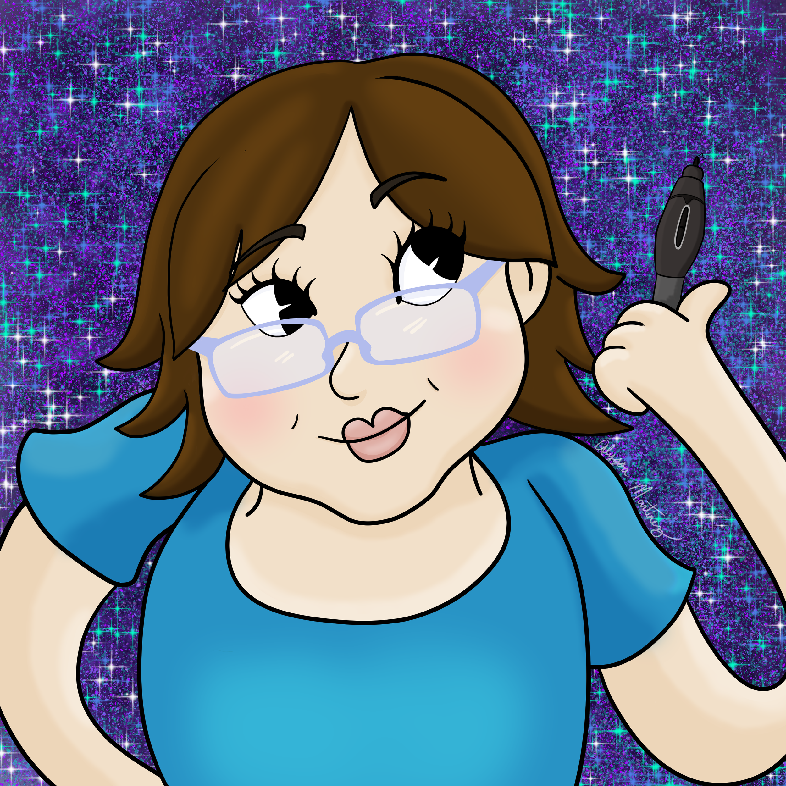 Digital cartoon illustration featuring a woman with brown hair, glasses, and white skin, holding a black marker against a glittery, starry, purple and blue background.