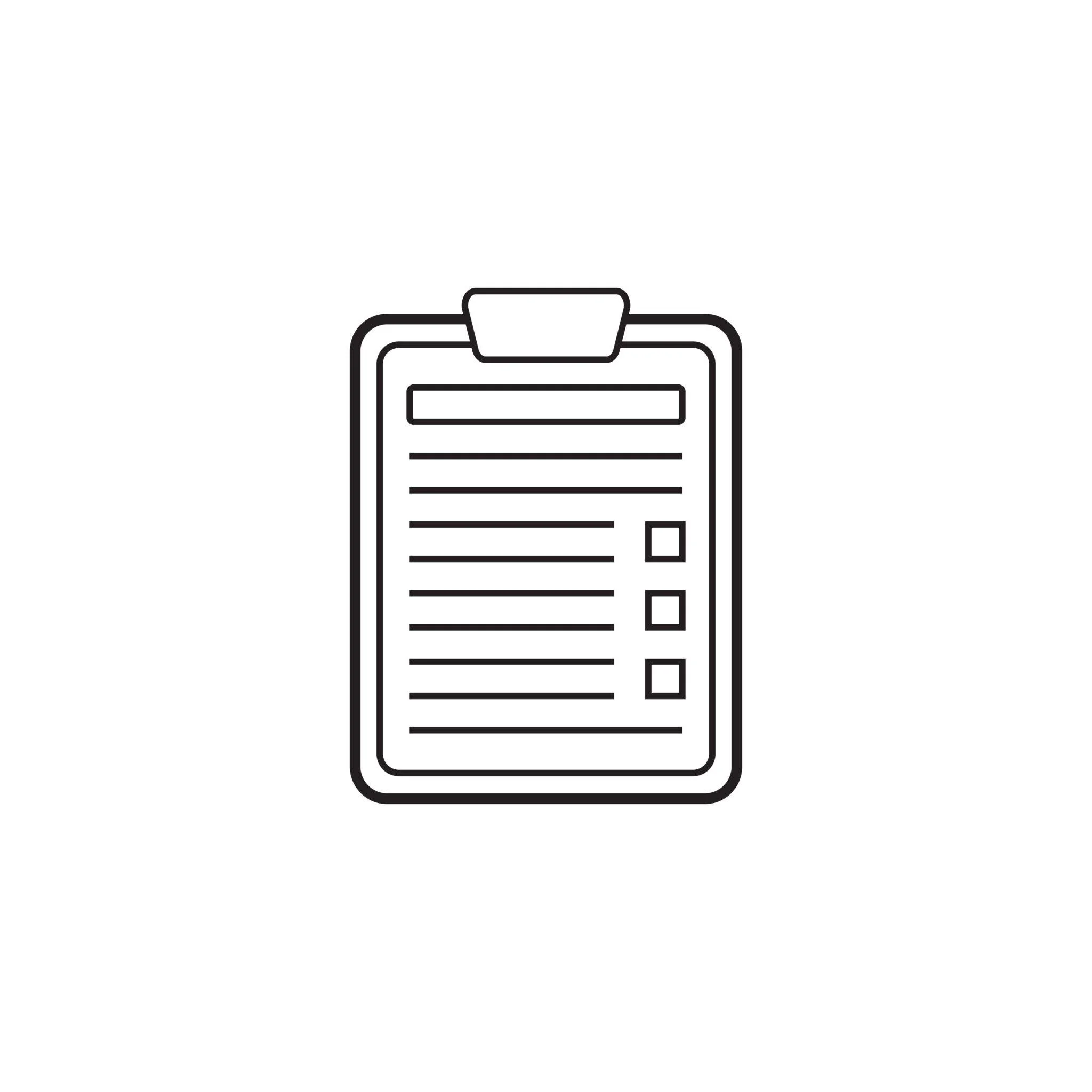 A black and white line drawing of a clipboard with a piece of paper on it.
