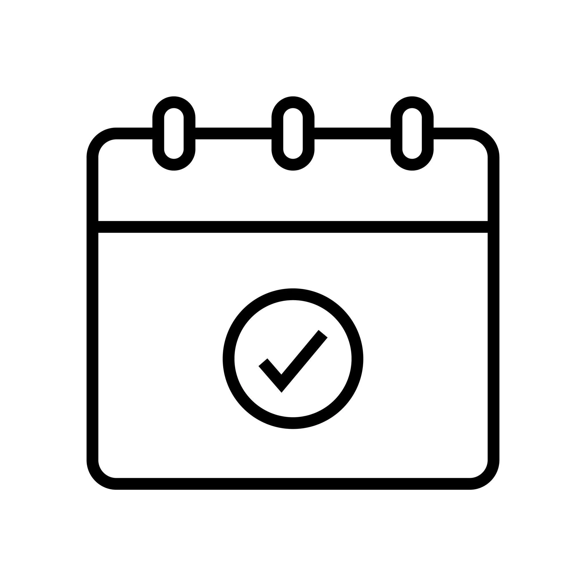 A black and white line drawing of a calendar featuring a circle in the middle with a check mark inside.