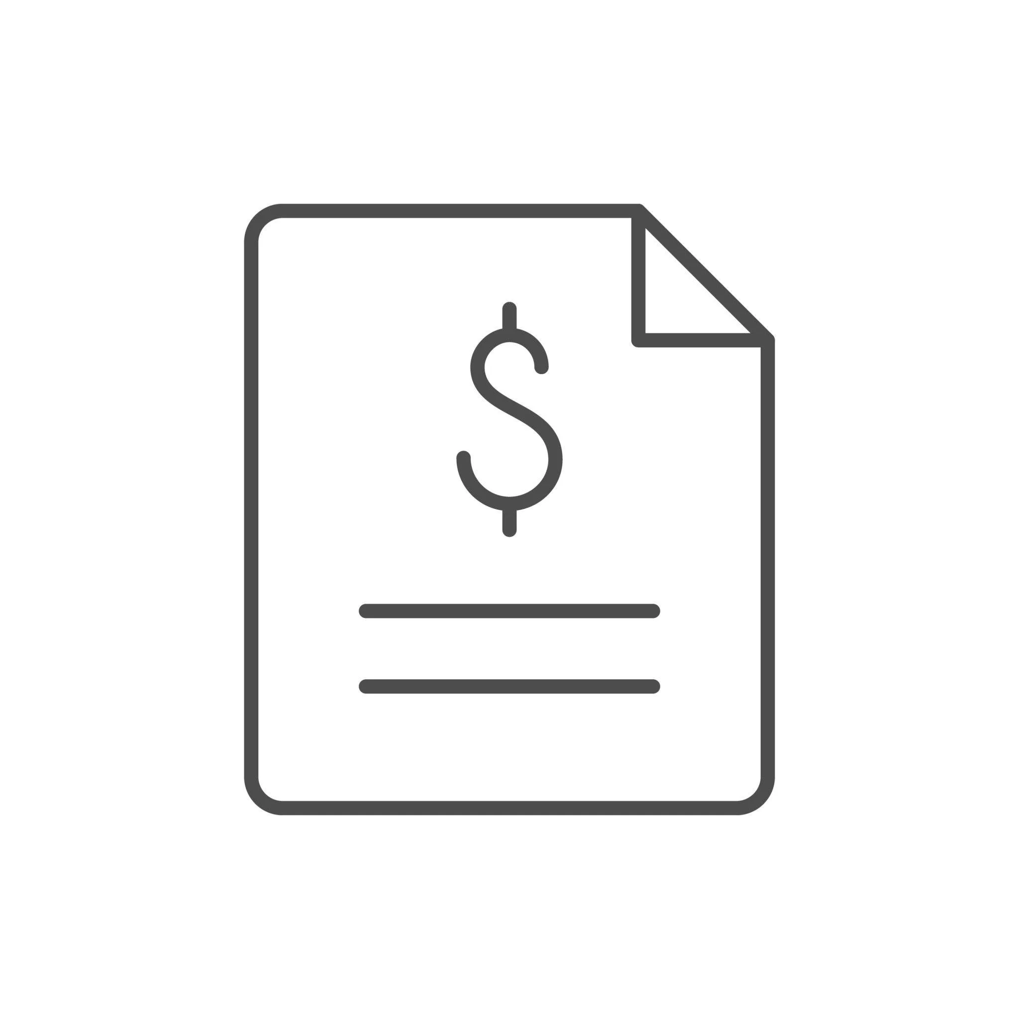 A black and white line drawing of a piece of paper with a dollar sign in the center, lines underneath, and the top right corner folded.