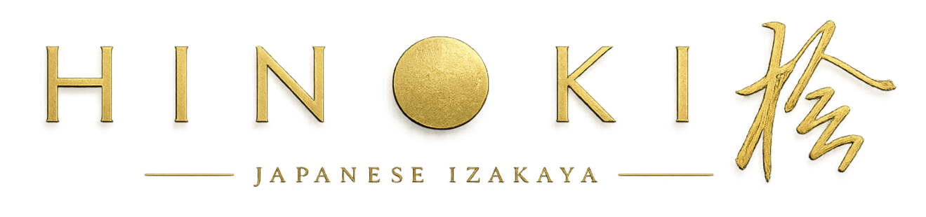 Gold text reads "HINOKI" with a gold circle replacing the letter "O", and Japanese characters on the right. Smaller gold text below reads "JAPANESE BARBECUE".