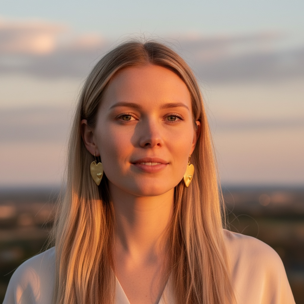 A young woman with blonde hair and gold heart-shaped earrings posing outdoors during sunset.
