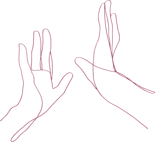 Konturteckning av två händer som sträcker sig mot varandra, tecknade med rosa neonlinjer mot svart bakgrund.