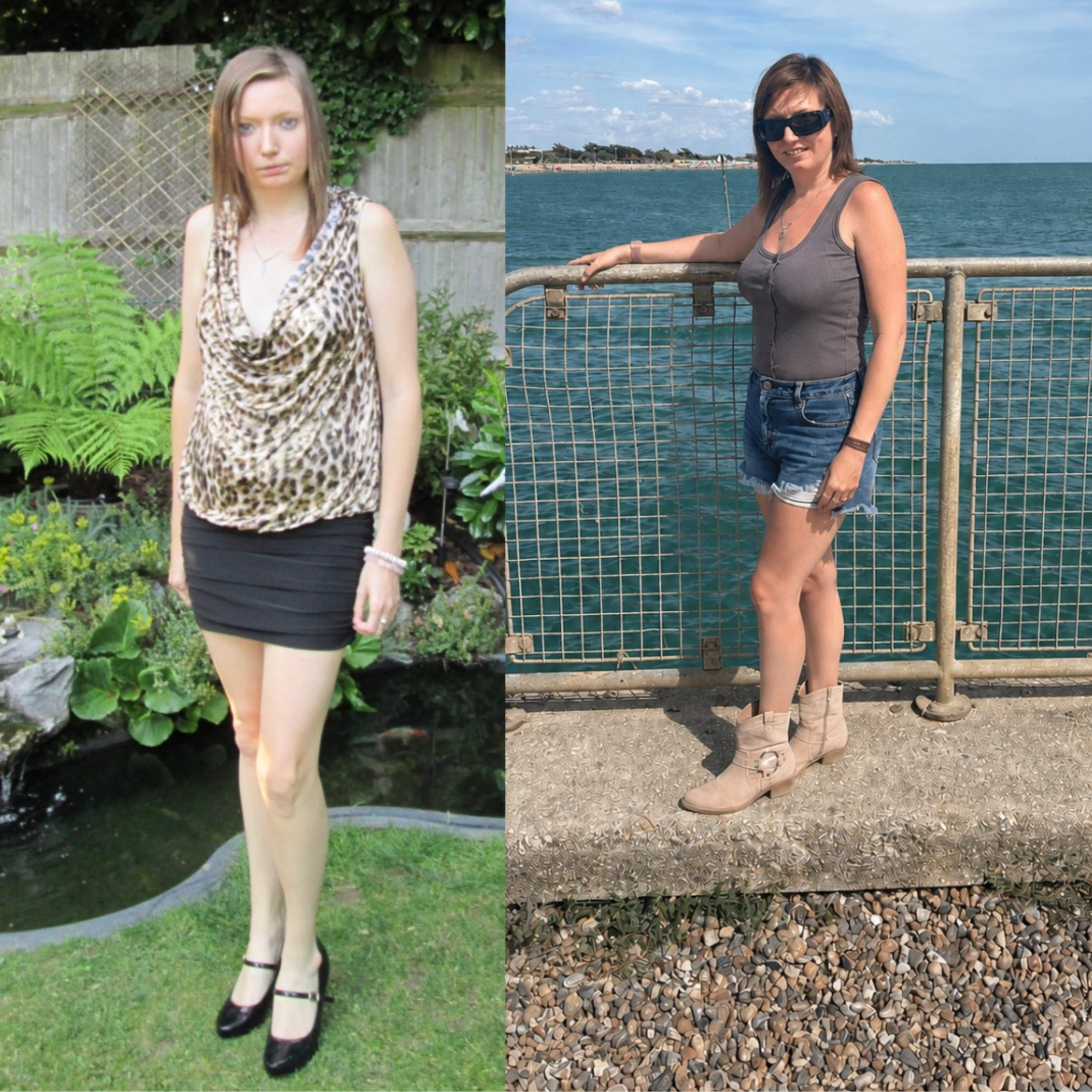 Side-by-side photos of women in different outdoor settings: the woman on the left has long light brown hair, is wearing a leopard print sleeveless top and black skirt, and stands in a garden with green plants and a wooden fence background; the woman on the right has shoulder-length brown hair, sunglasses, a gray sleeveless top, denim shorts, and tan boots, standing by a metal railing with water and a cityscape in the background.