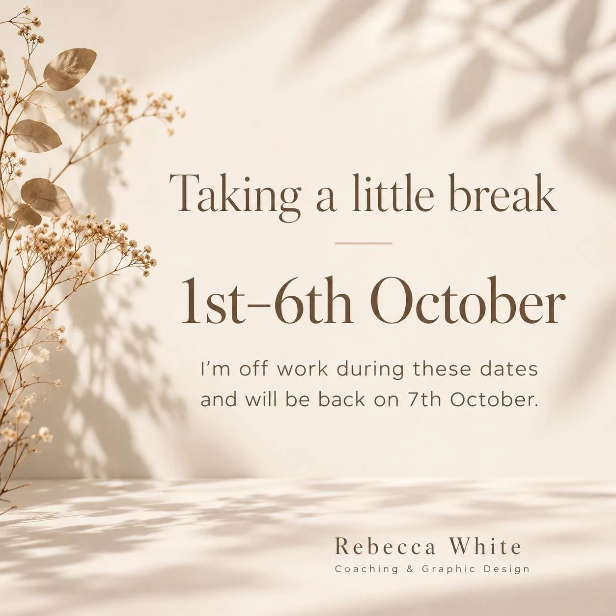 Time for me to switch off for a few days 🤍

I&rsquo;m off work from 1st&ndash;6th October, taking a little time for myself to rest and recharge.

If you have a call booked with me on Tuesday 6th, I&rsquo;ll still see you on Zoom as planned.

I&rsquo