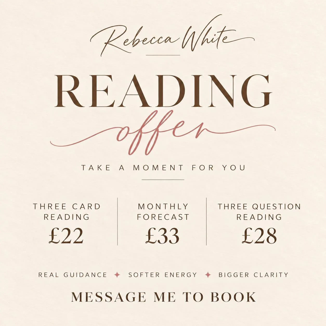 When was the last time you took a moment just for you? ✨
No rushing. No looking after everyone else. A little space to pause, reflect and reconnect with yourself.
My card readings offer a gentle space to explore what&rsquo;s on your mind.
🤍 Three Ca
