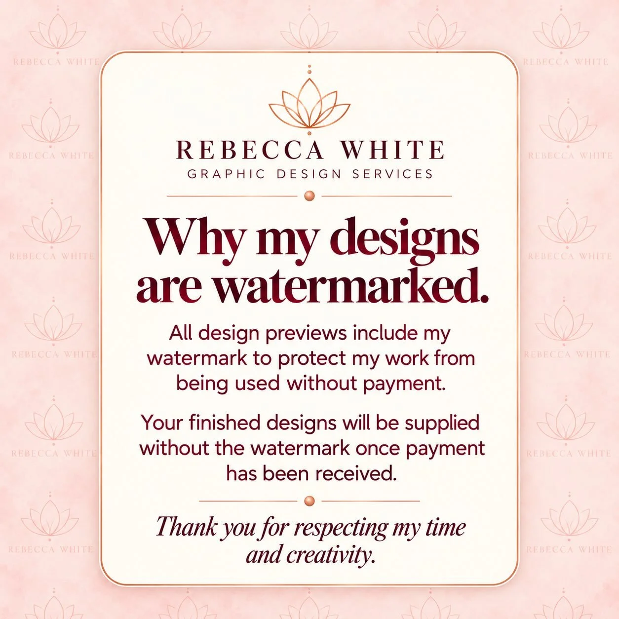 A little reminder when you receive a design preview from me 🤍

Behind every image is my time, creativity and care, along with the software costs that allow me to bring your ideas to life.

All previews include my watermark to protect that work until