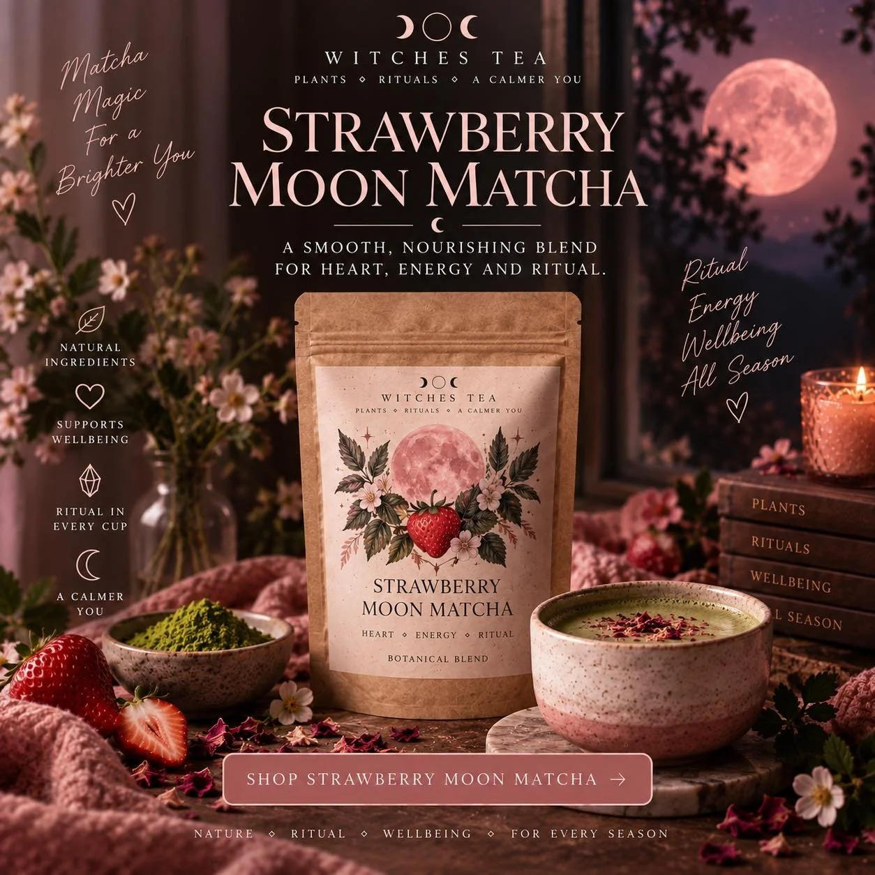 🍓🌙 A LITTLE BIT OF MAGIC IN YOUR CUP.

Meet Strawberry Moon Matcha &mdash; a vibrant blend of premium matcha and natural strawberry, created for a daily ritual that feels as good as it tastes.

Creamy. Sweet. Fresh. A little indulgent.

But without