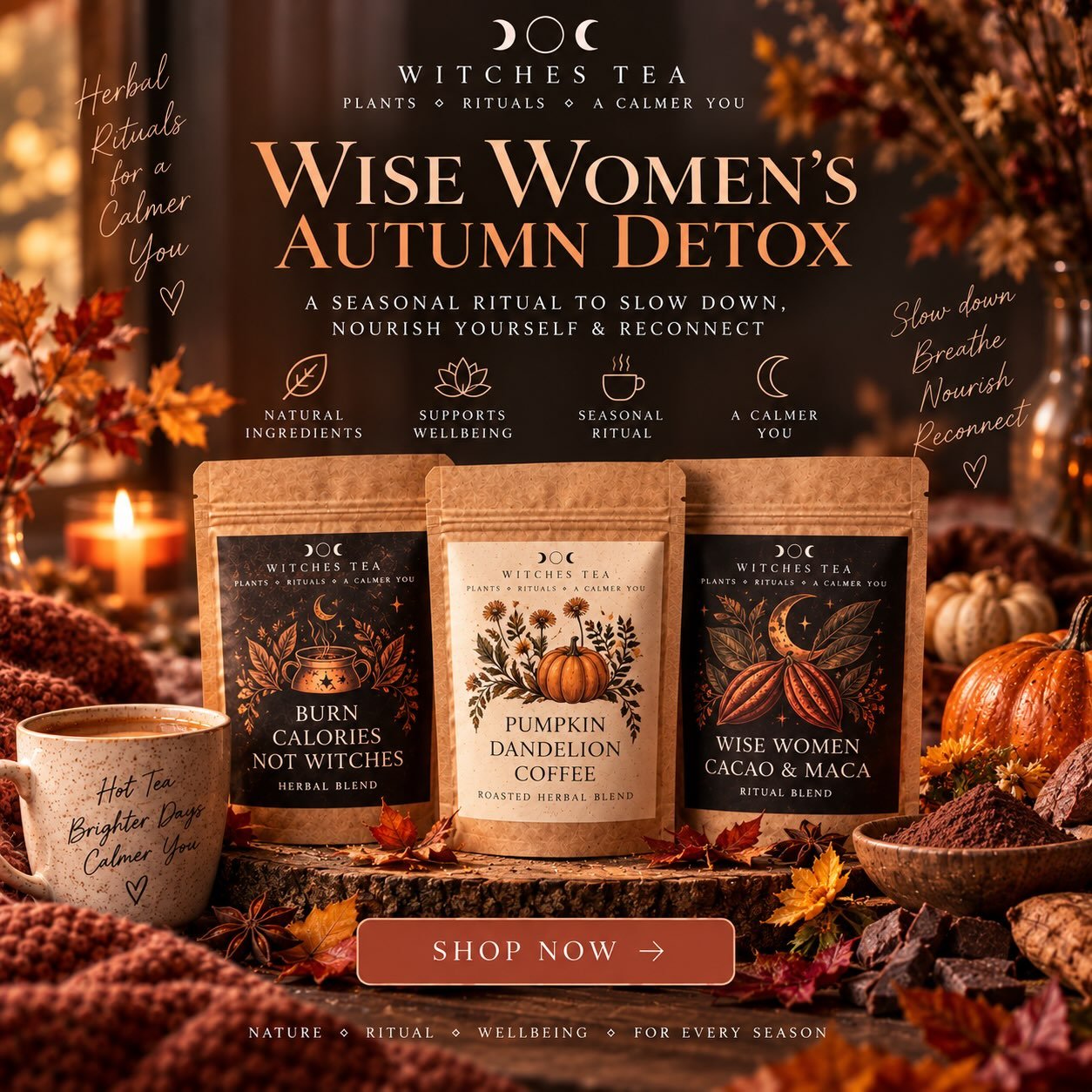 🍂 YOUR AUTUMN RESET STARTS HERE.

Less rushing.
More rituals.
More time for YOU.

The Wise Women&rsquo;s Autumn Detox brings together three cosy seasonal blends:

🌿 Burn Calories Not Witches
🎃 Pumpkin Dandelion Coffee
🤎 Wise Women Cacao &amp; Mac